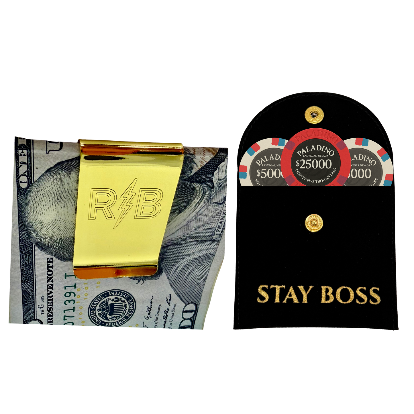 The Mini Boss Bundle - Low Profile Brass Money Clip & FREE Velvet Casino Chip Pouch