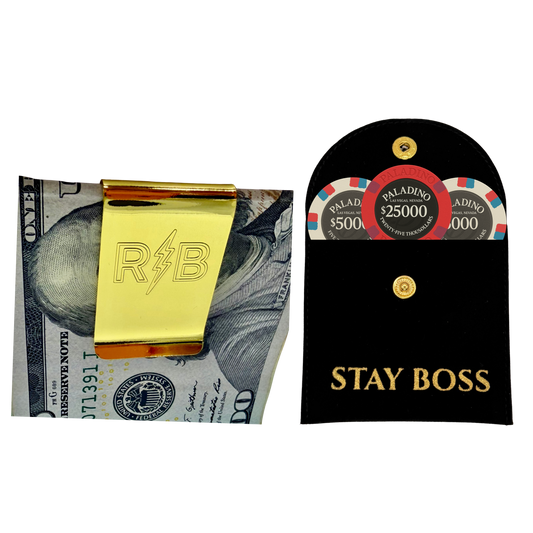 The Mini Boss Bundle - Low Profile Brass Money Clip & FREE Velvet Casino Chip Pouch